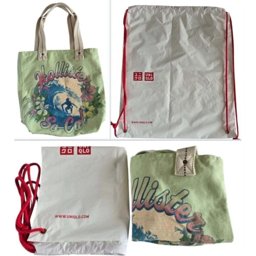 2pc HOLLISTER CANVAS Tote BAG Y2K VINTAGE BOOK bag UNIQLO DRAWSTRING pre-owned